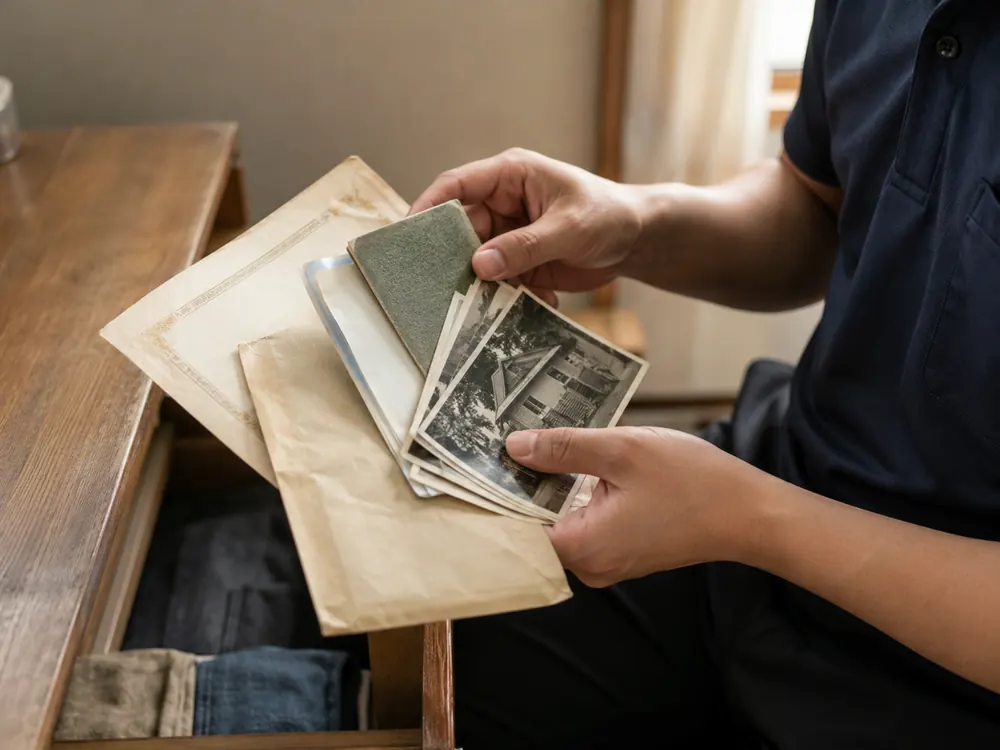 引き出しから見つかった写真や書類を確認する様子